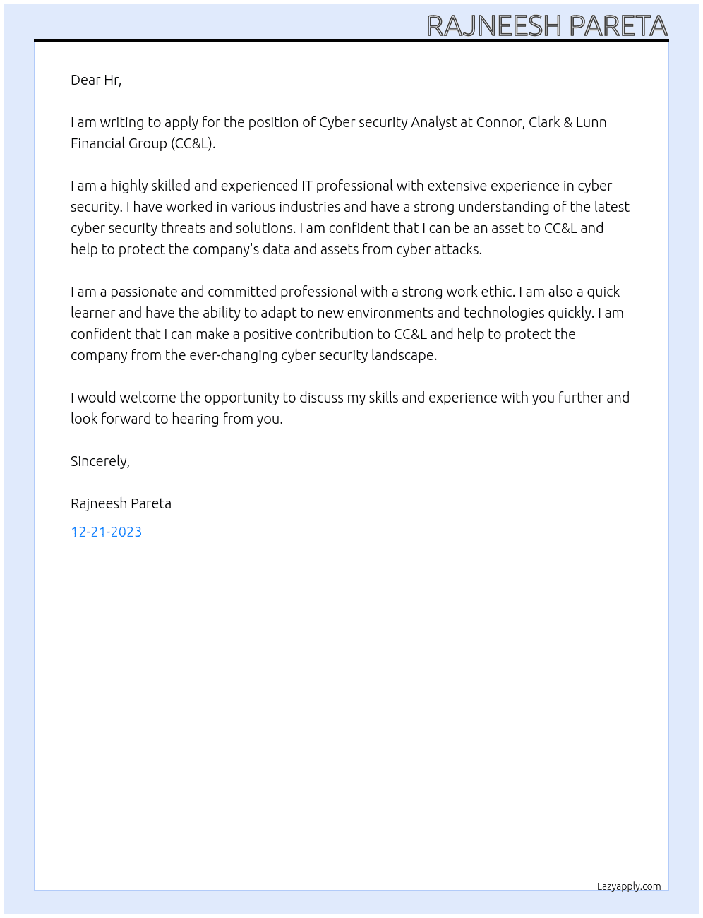 Cyber security Analyst  At Connor, Clark & Lunn Financial Group (CC&L) Cover Letter
