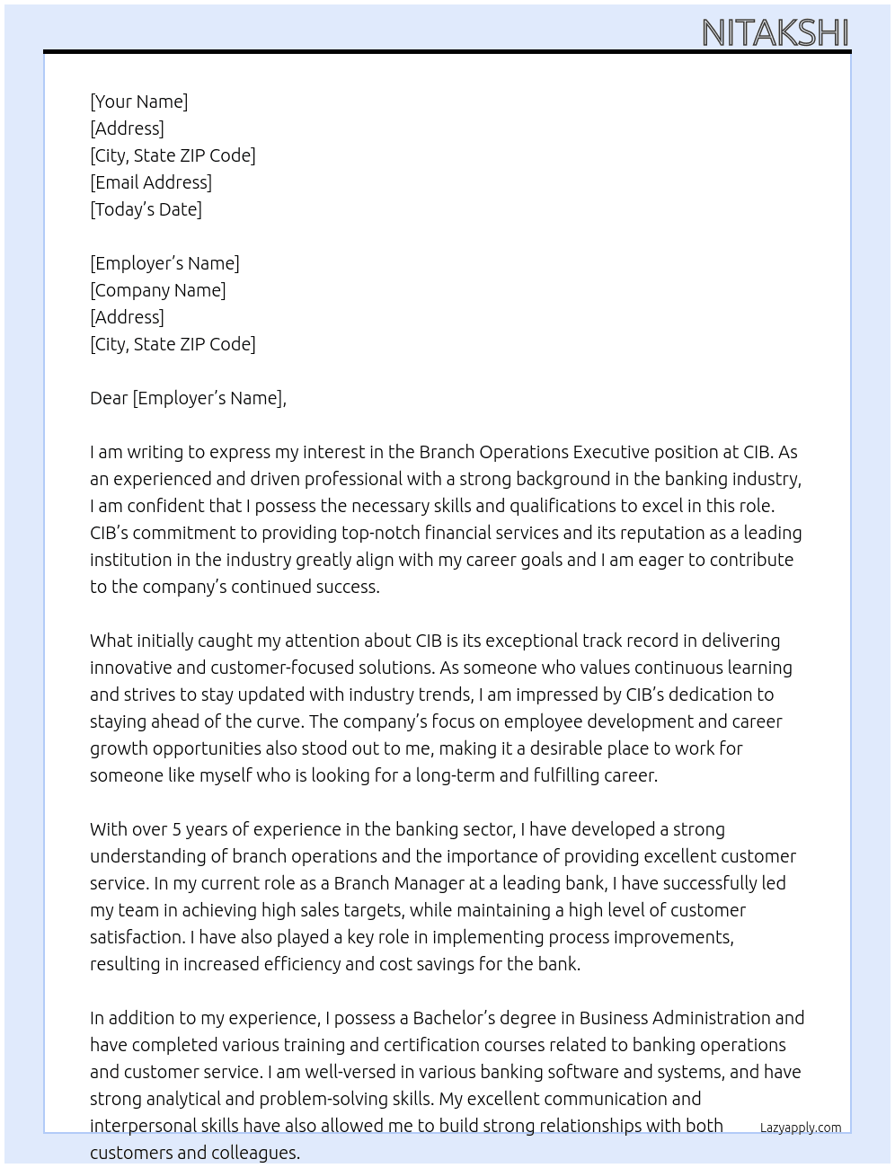 branch operations executive At cib Cover Letter