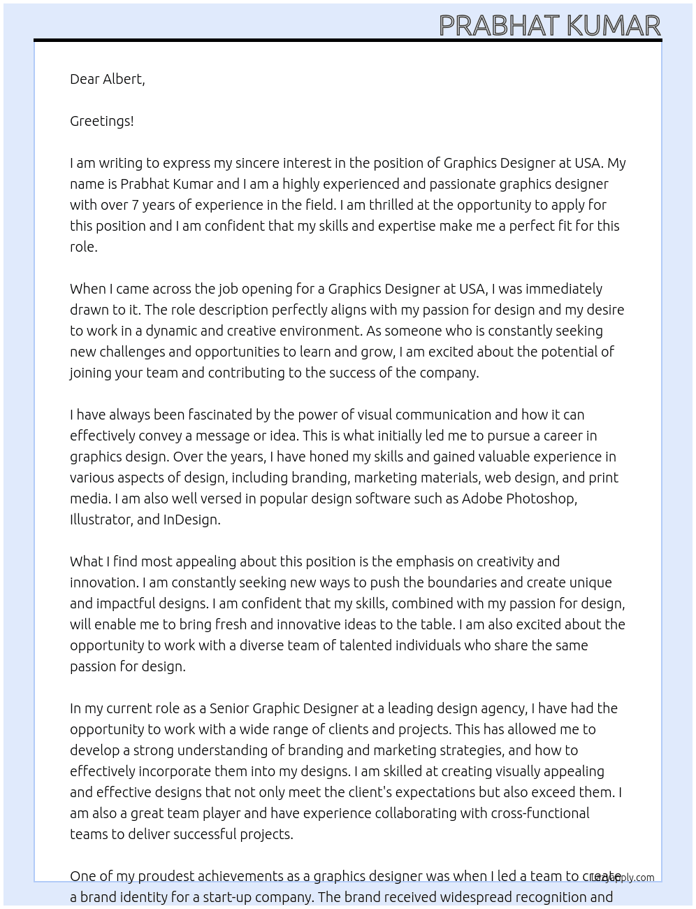 Graphics Designer At USA Cover Letter