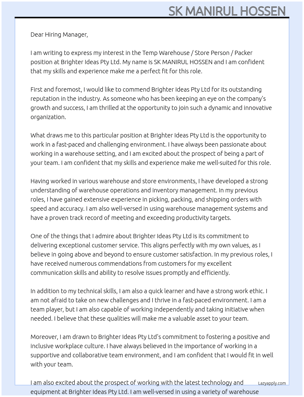 Temp Warehouse / Store Person / Packer At Brighter Ideas Pty Ltd Cover Letter