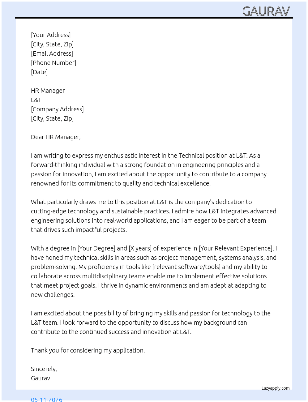 Cover letter for technical - LazyApply