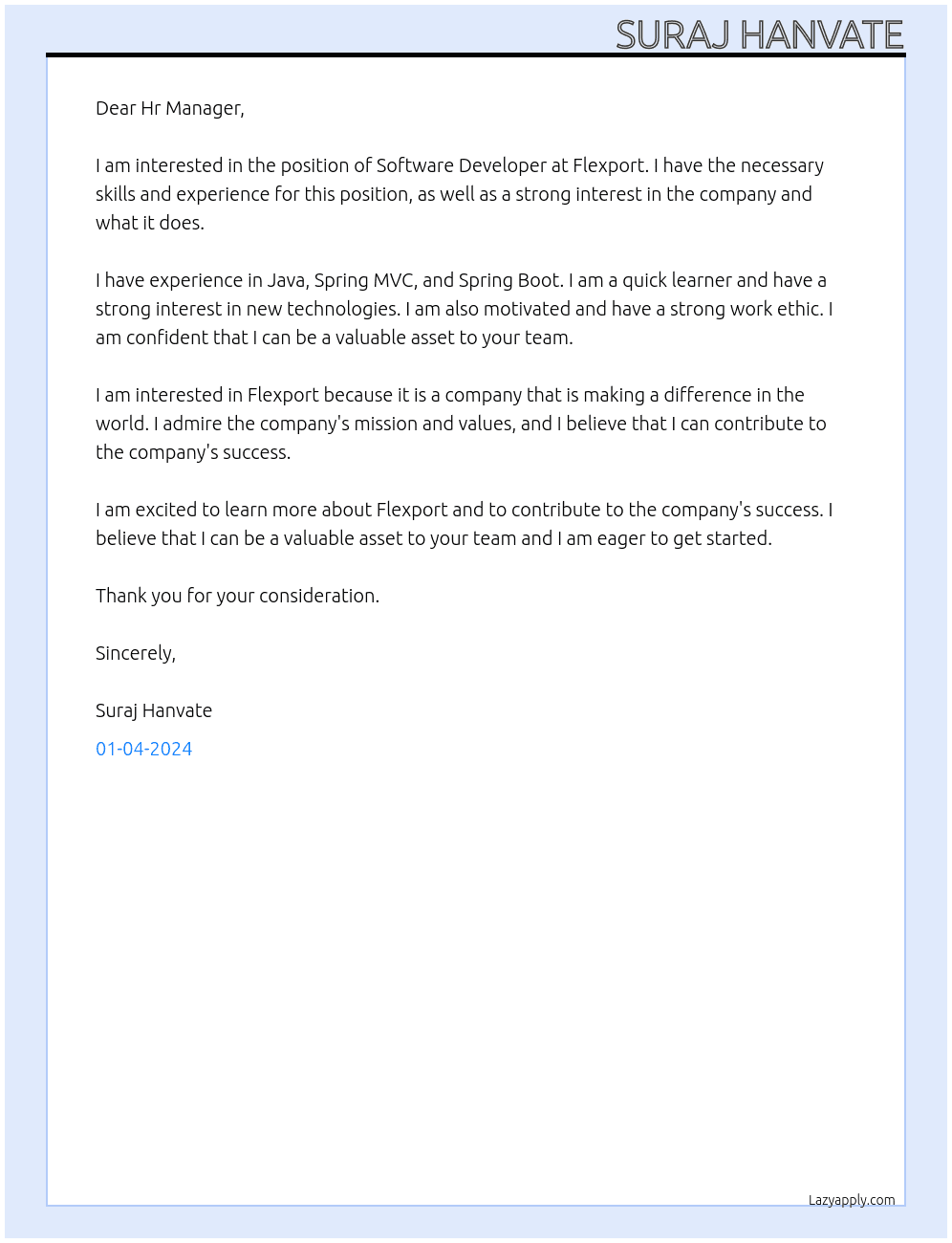 Software Developer At Flexport Cover Letter