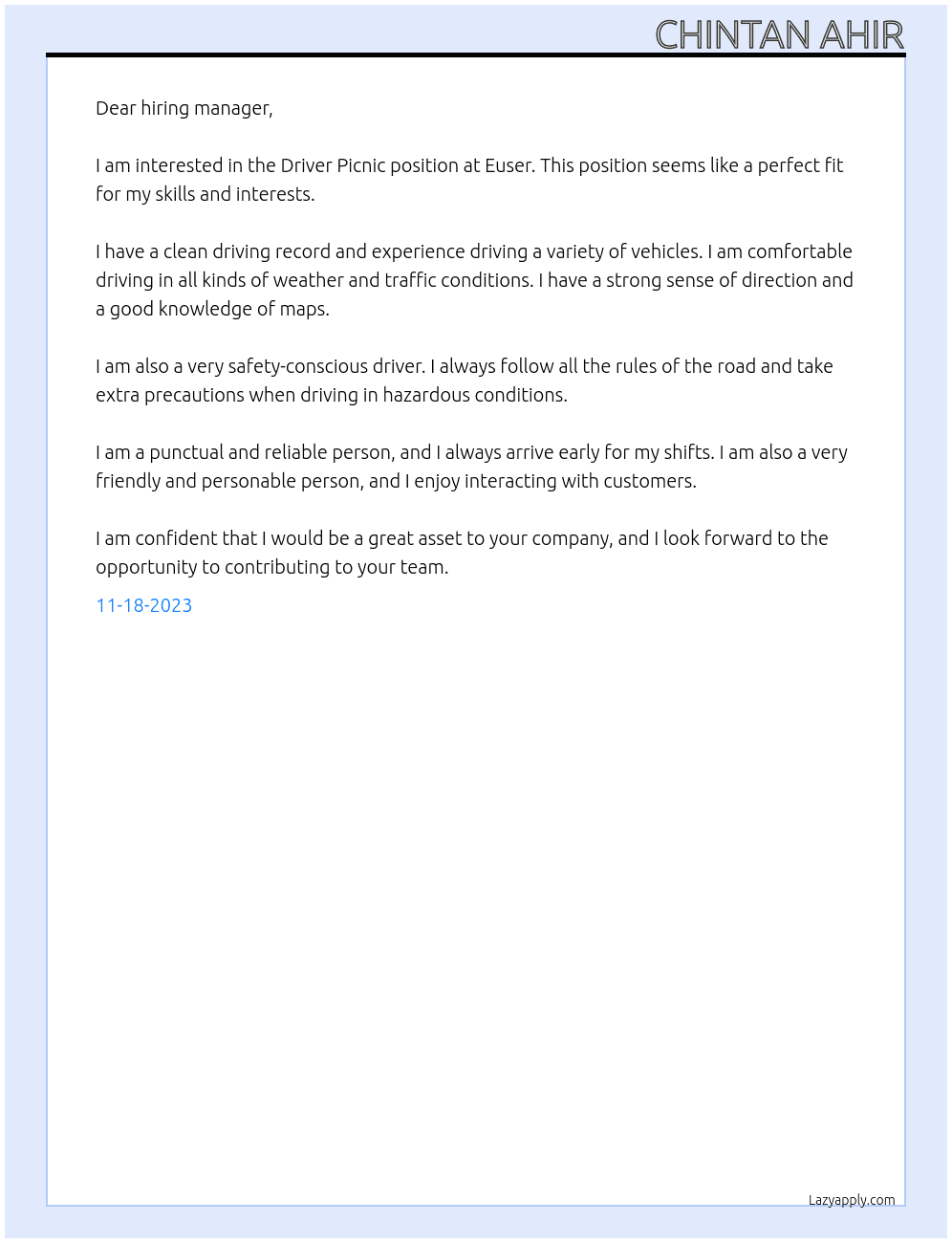 Driver Picnic At Euser Cover Letter