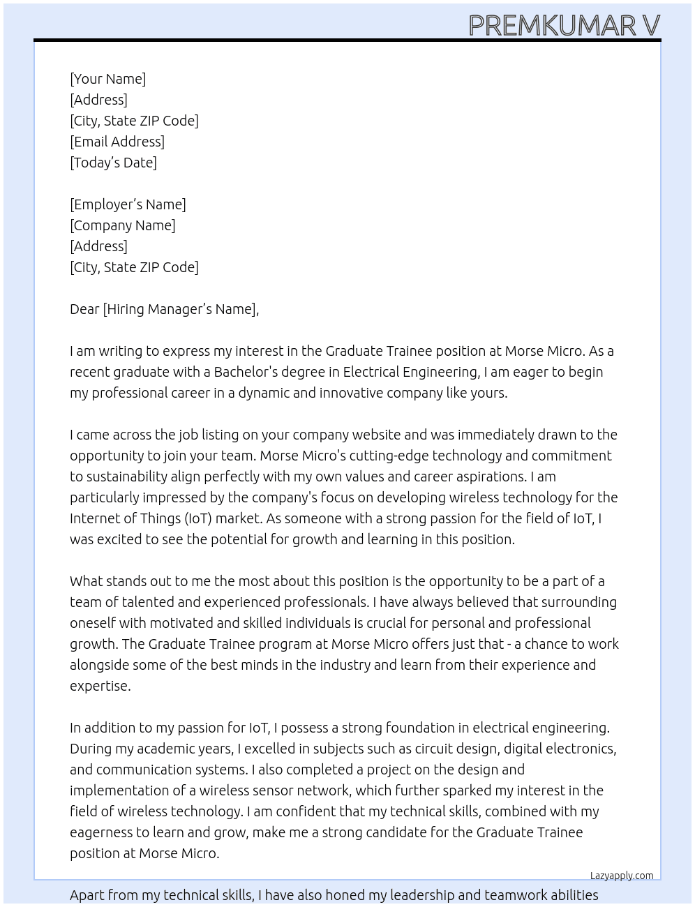 Graduate trainee  At Morse Micro  Cover Letter