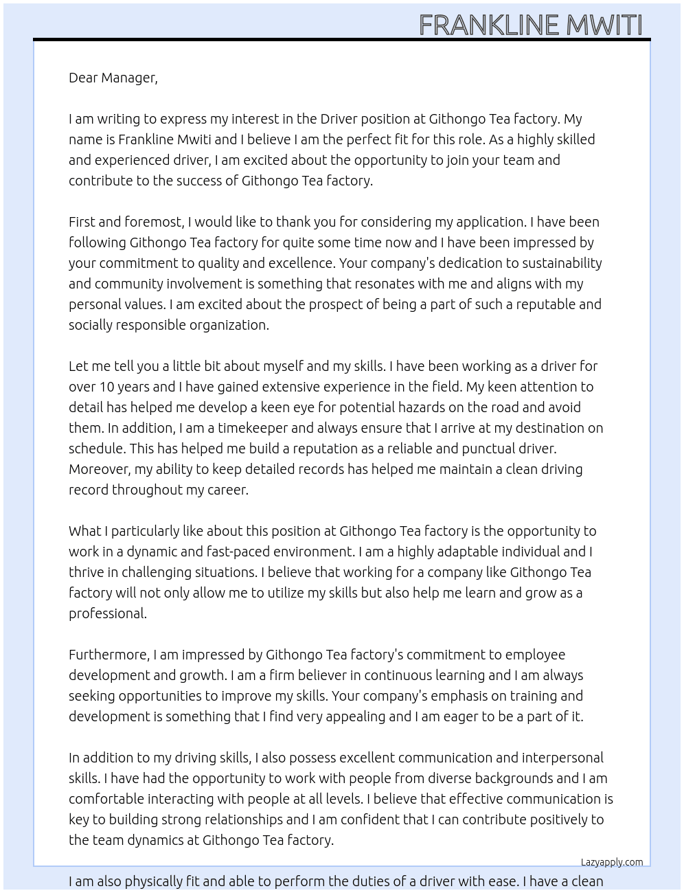 Driver At Githongo Tea factory  Cover Letter
