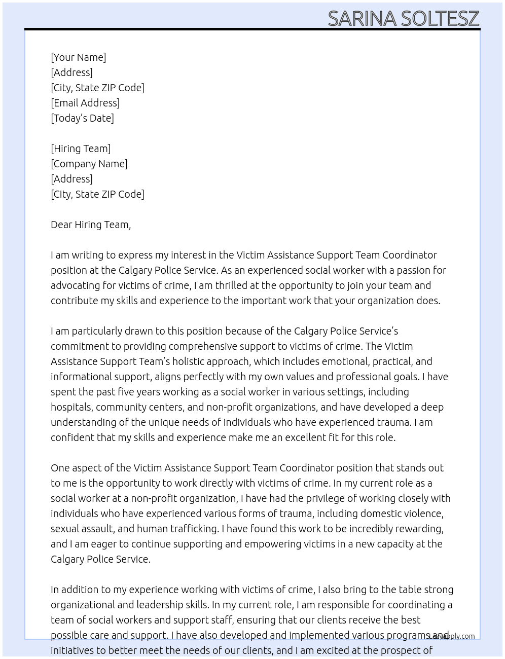 Victim Assistance Support Team Coordinator At Calgary Police Service Cover Letter