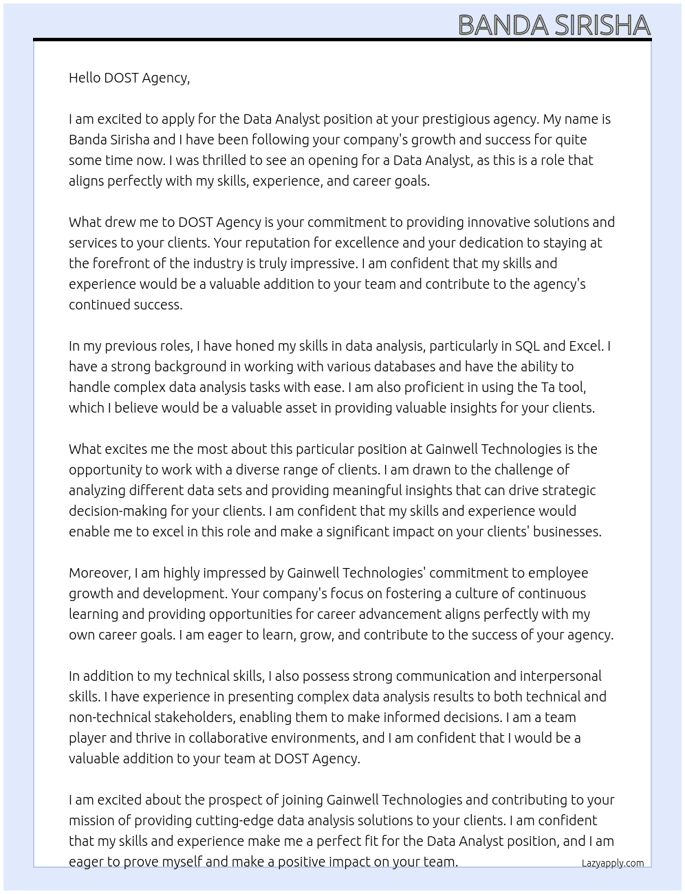 Data analyst  At Gainwell Technologies  Cover Letter