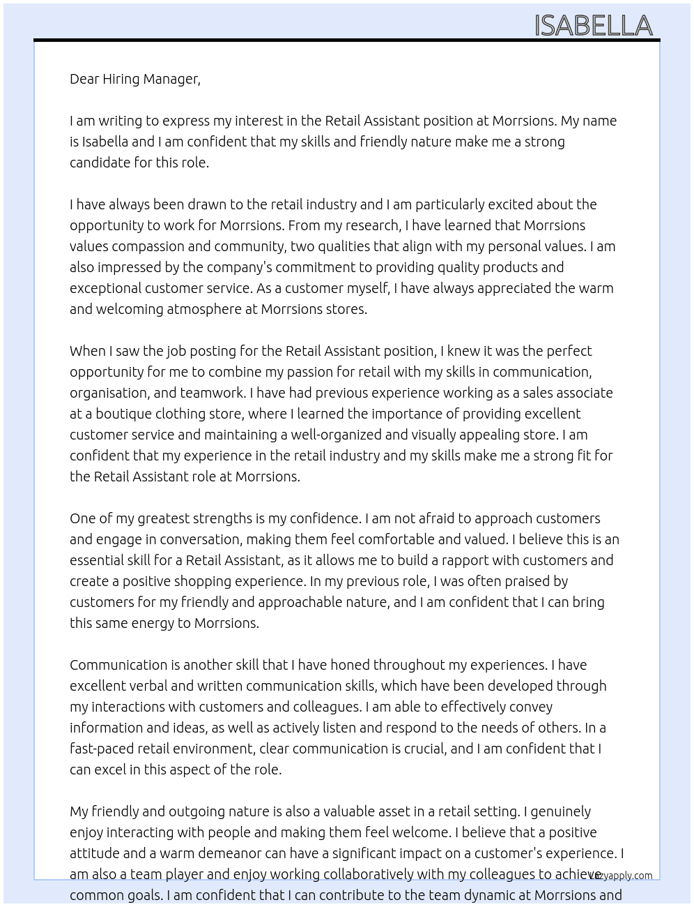 Retail Assistant At Morrsions Cover Letter