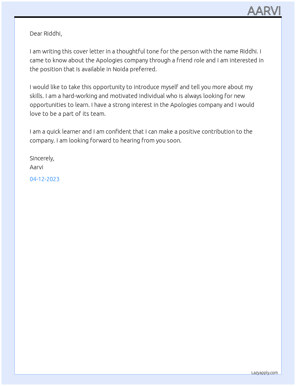Apologies  At Apologies  Cover Letter