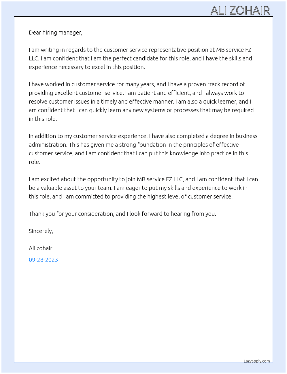 Customer service representative  At MB service FZ LLC Cover Letter