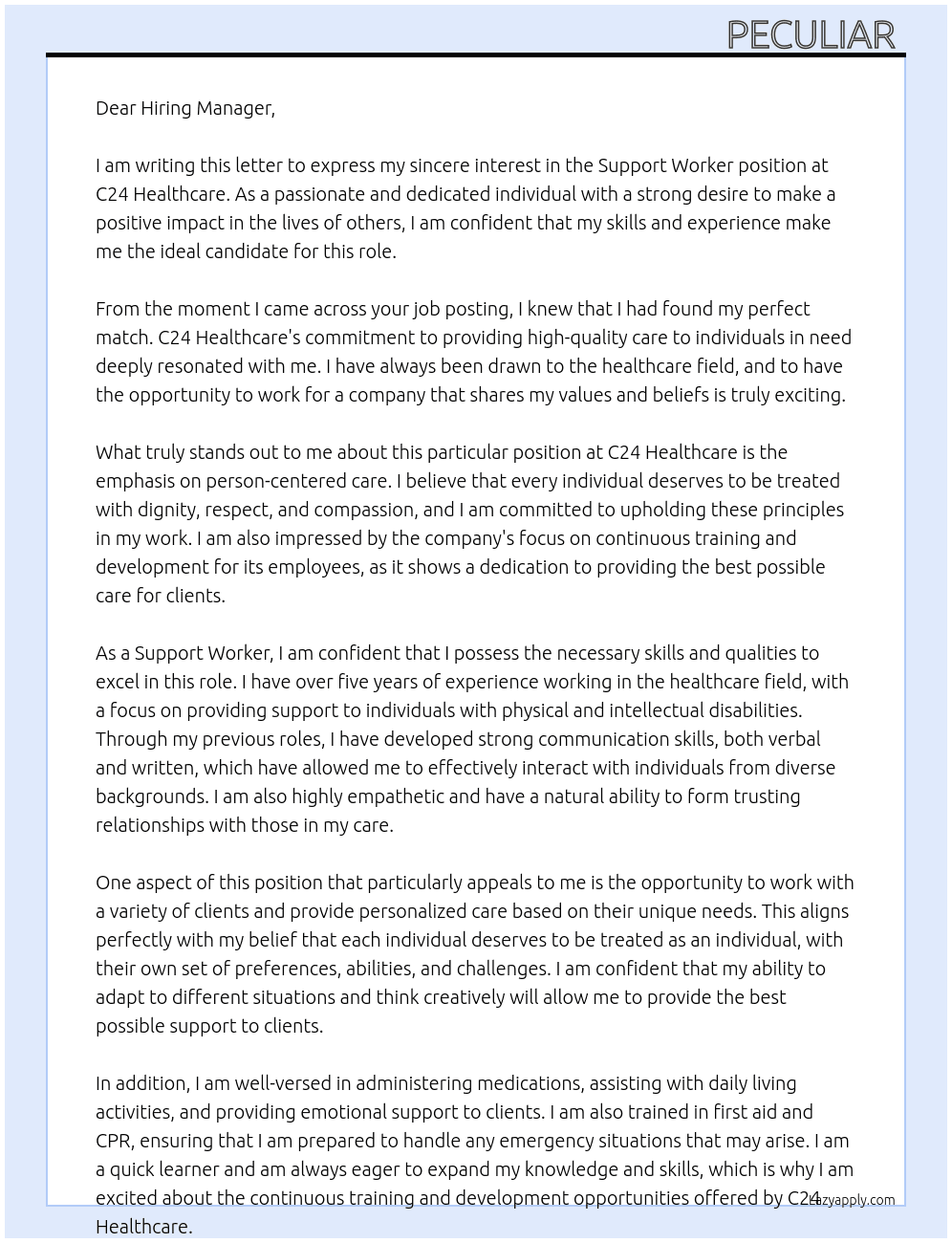 Support worker  At C24 healthcare  Cover Letter