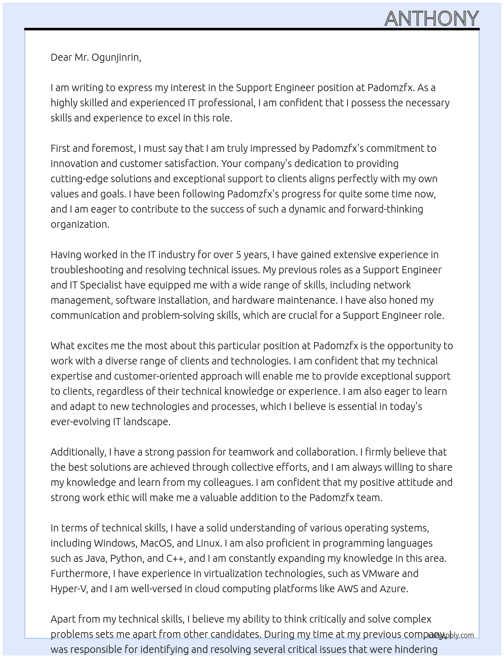 support engineer At padomzfx Cover Letter