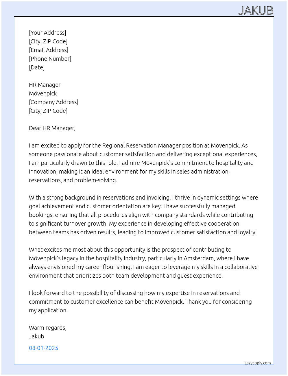 Regional Reservation manager At Movenpick Cover Letter