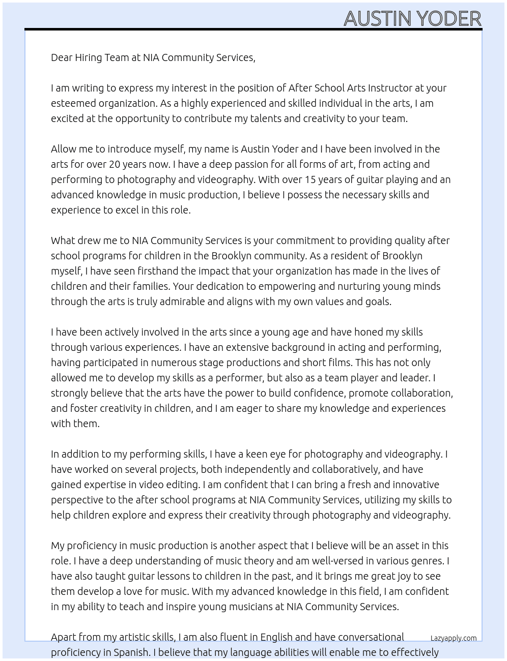 After School Arts Instructor At NIA Community Services Cover Letter