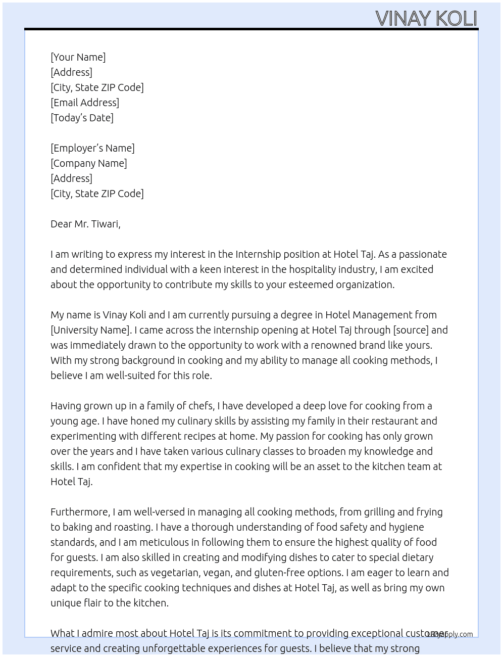 Internship in hotel  At Hotel taj  Cover Letter