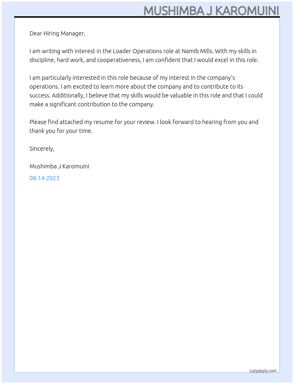 Loader operations At Namib Mills Cover Letter