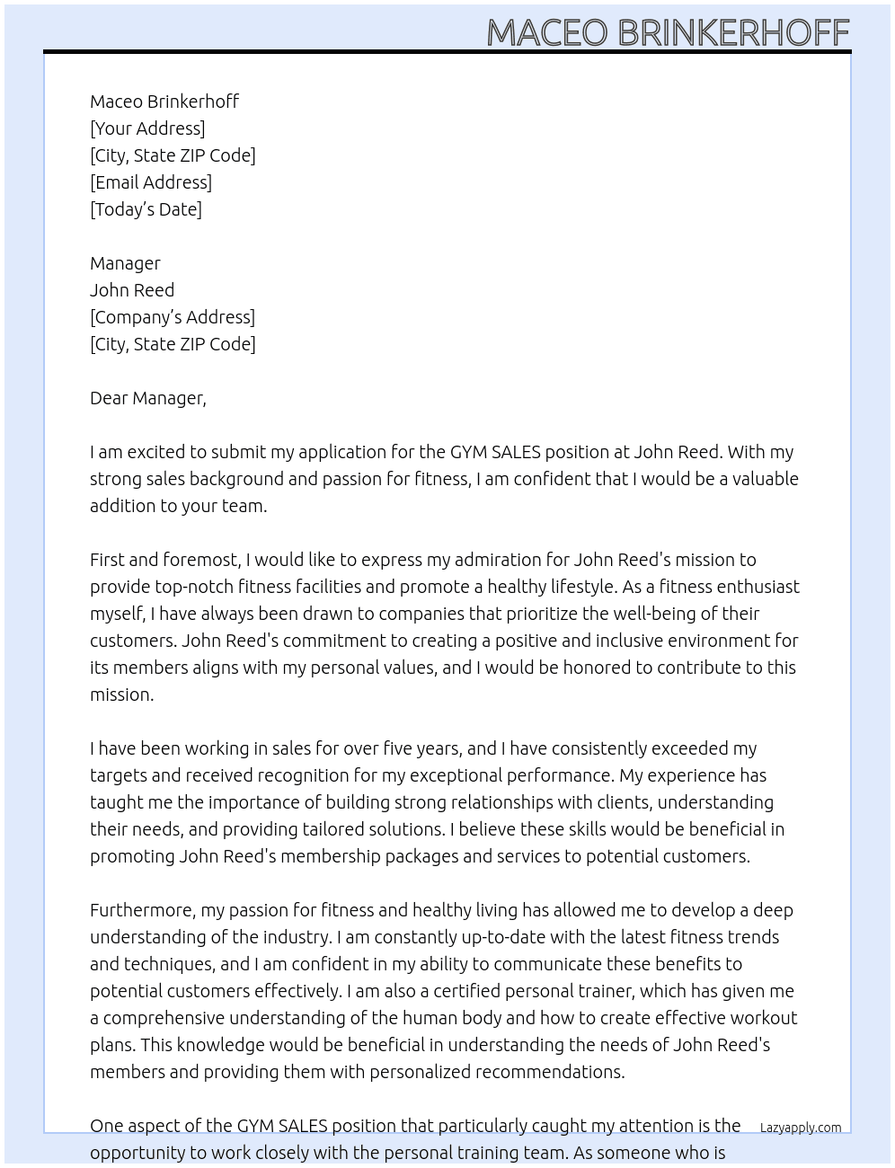 GYM SALES At John Reed Cover Letter
