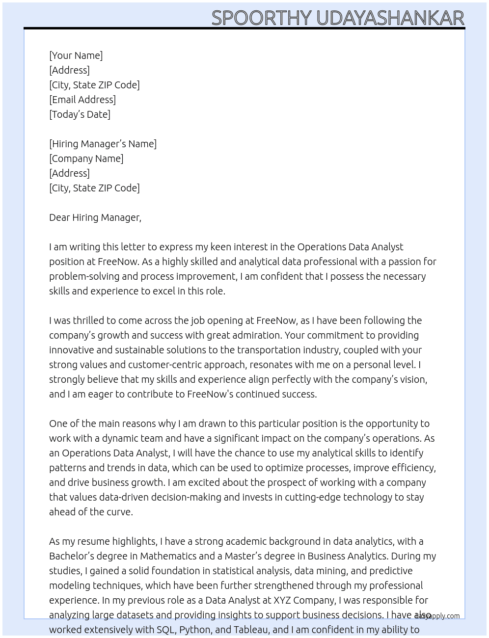 Operations Data Analyst At FreeNow Cover Letter
