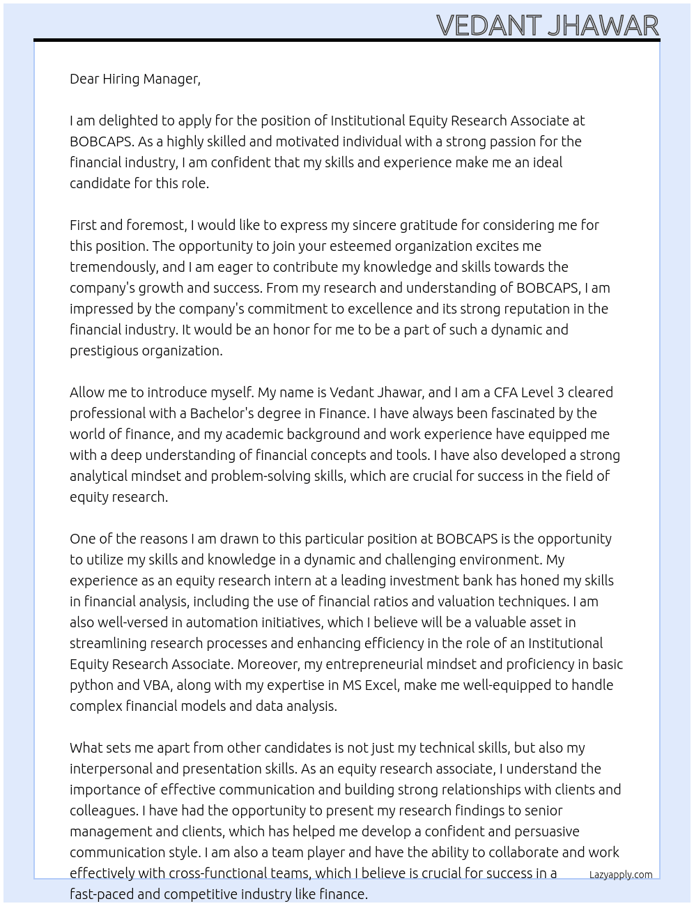 Institutional Equity Research Associate At BOBCAPS Cover Letter