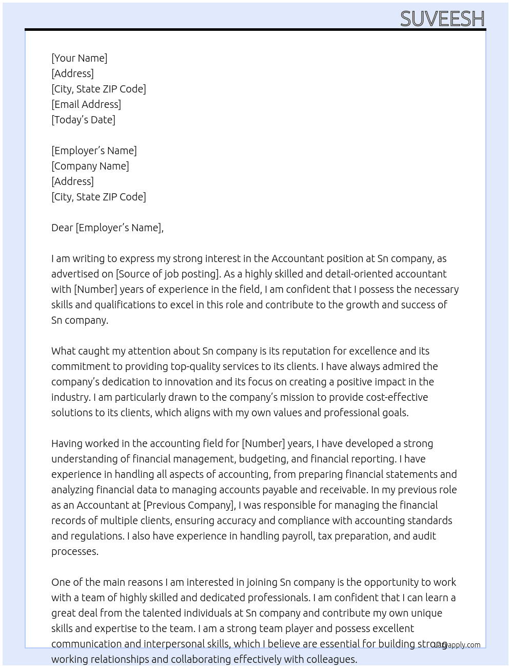 Accountant At Sn conpany Cover Letter