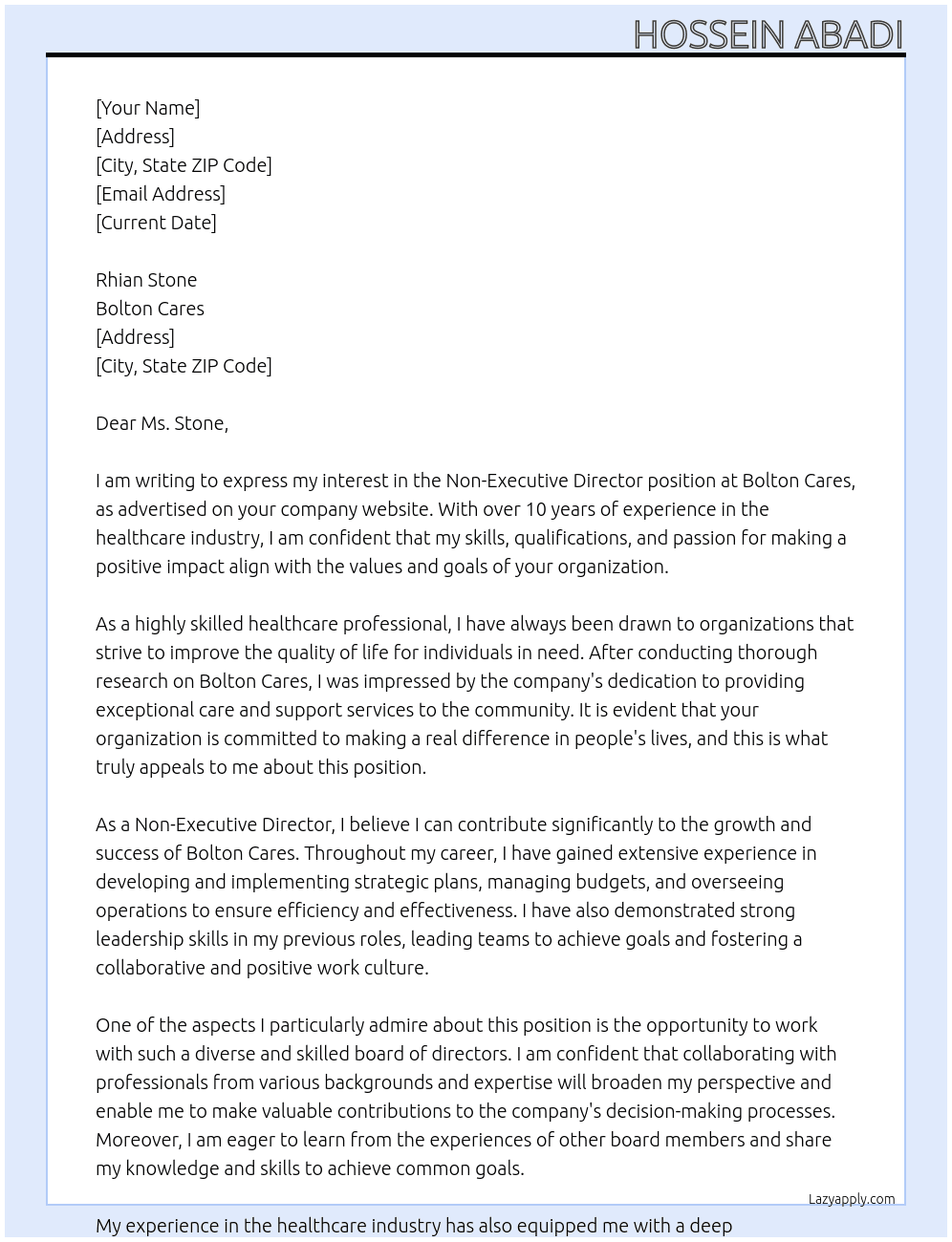 Non executive director At Bolton Cares Cover Letter