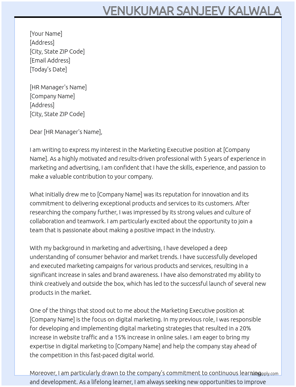 marketing executive At time Cover Letter