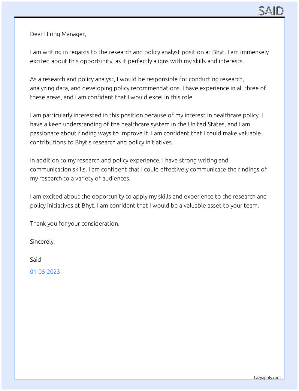 Research and policy analyst  At Bhyt Cover Letter