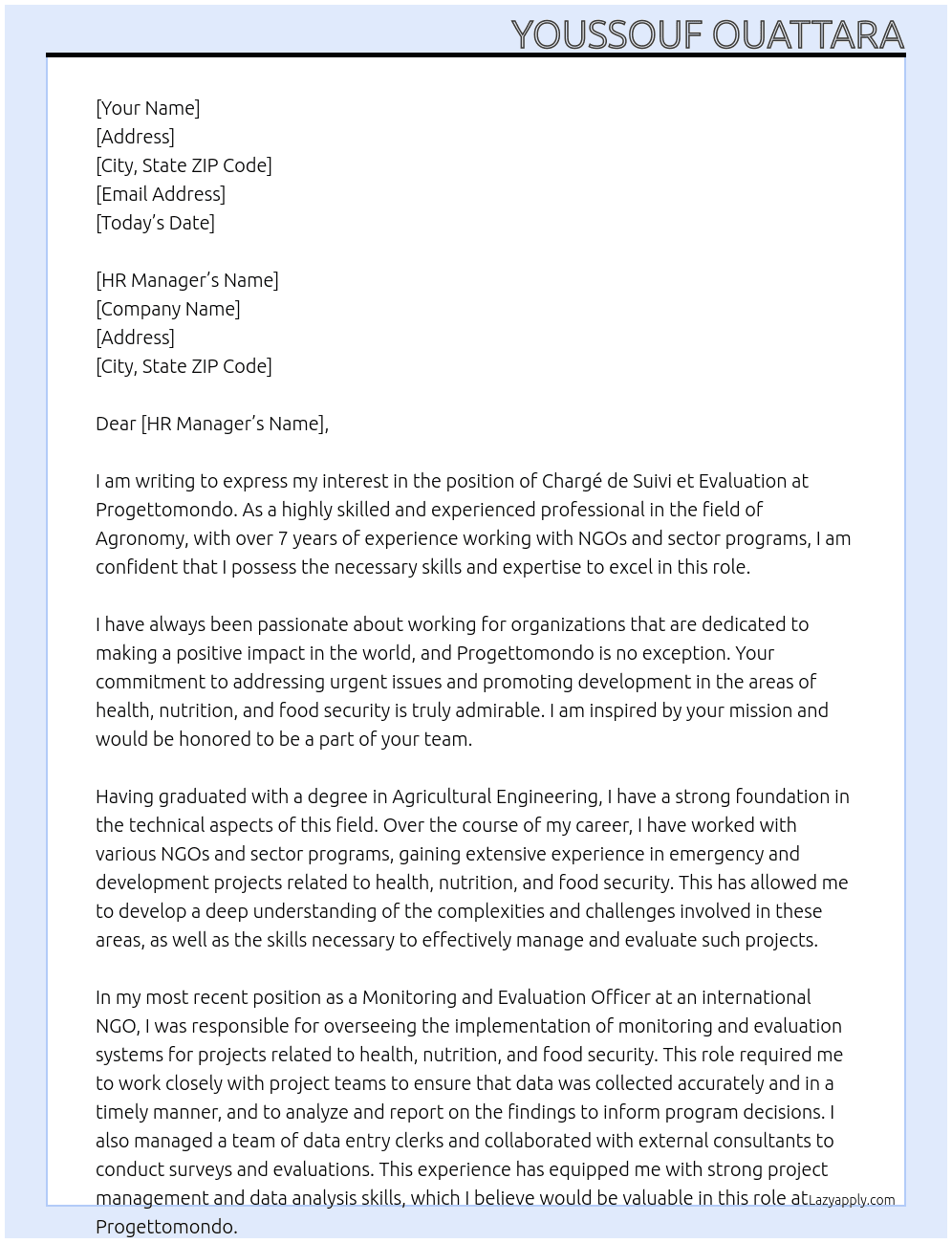 Chargé de Suivi et Evaluation At Progettomondo Cover Letter