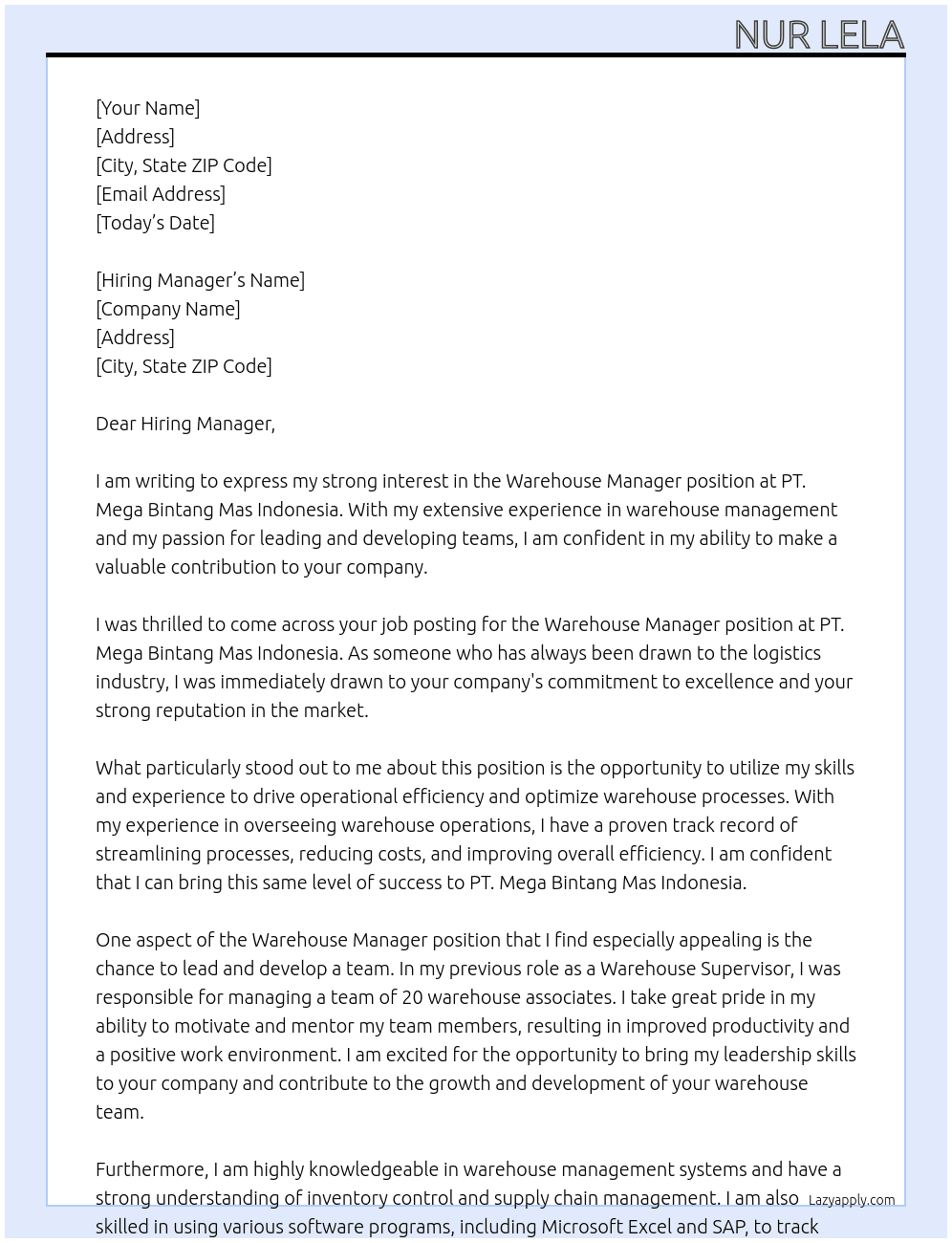 Werehouse Manager At PT. Mega Bintang Mas Indonesia Cover Letter