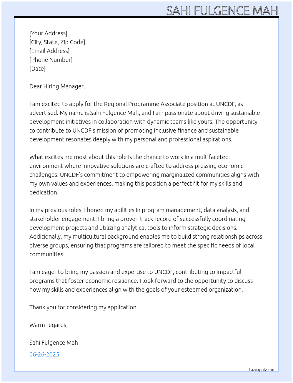 Cover letter for regional programme associate - LazyApply