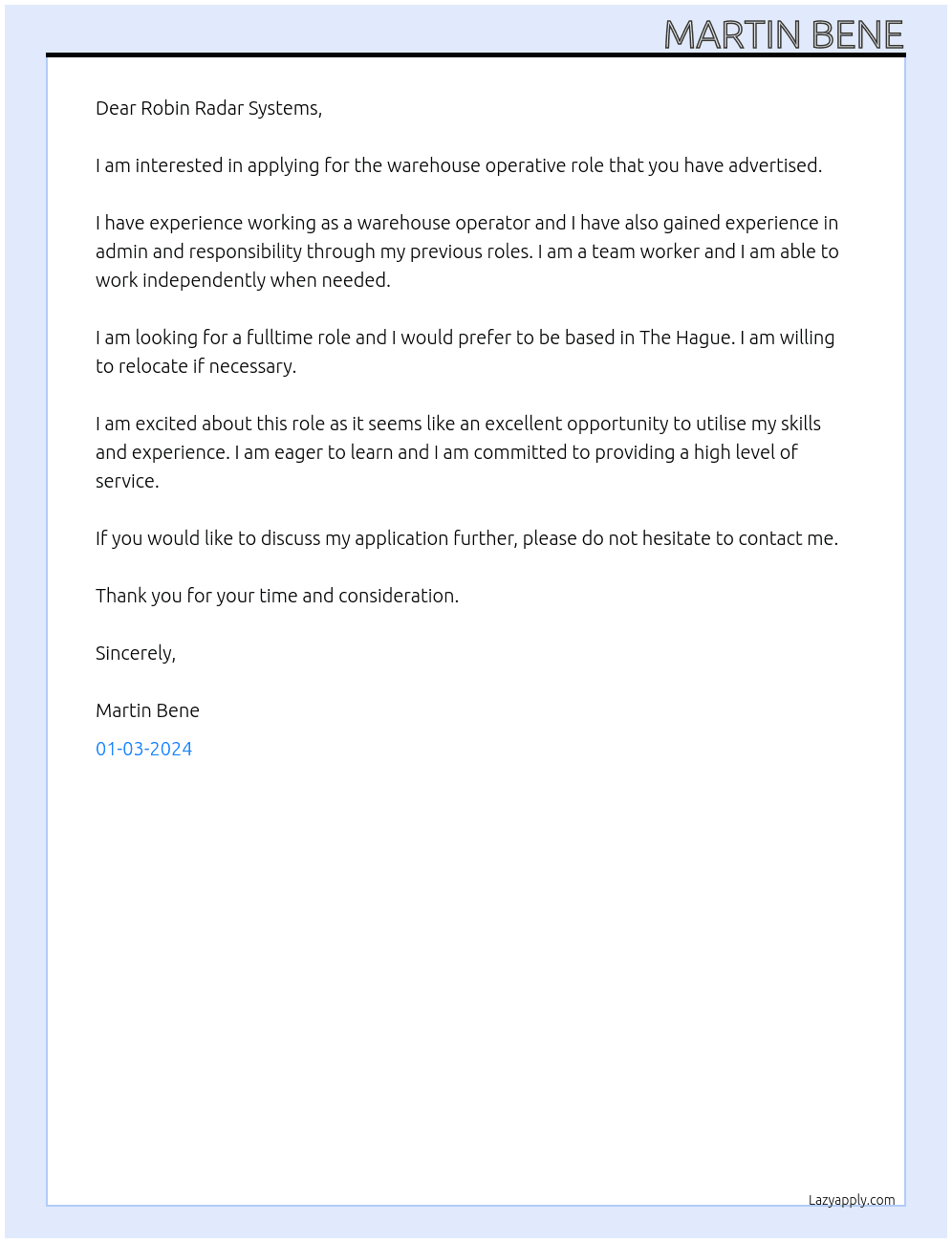 warehouse operative At Robin Radar Systems Cover Letter