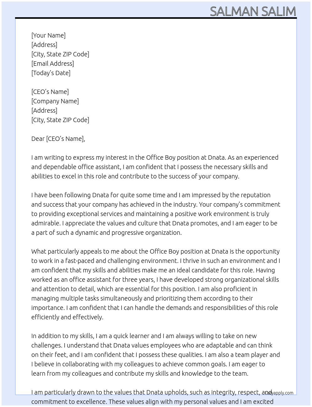 Office boy At Dnata Cover Letter