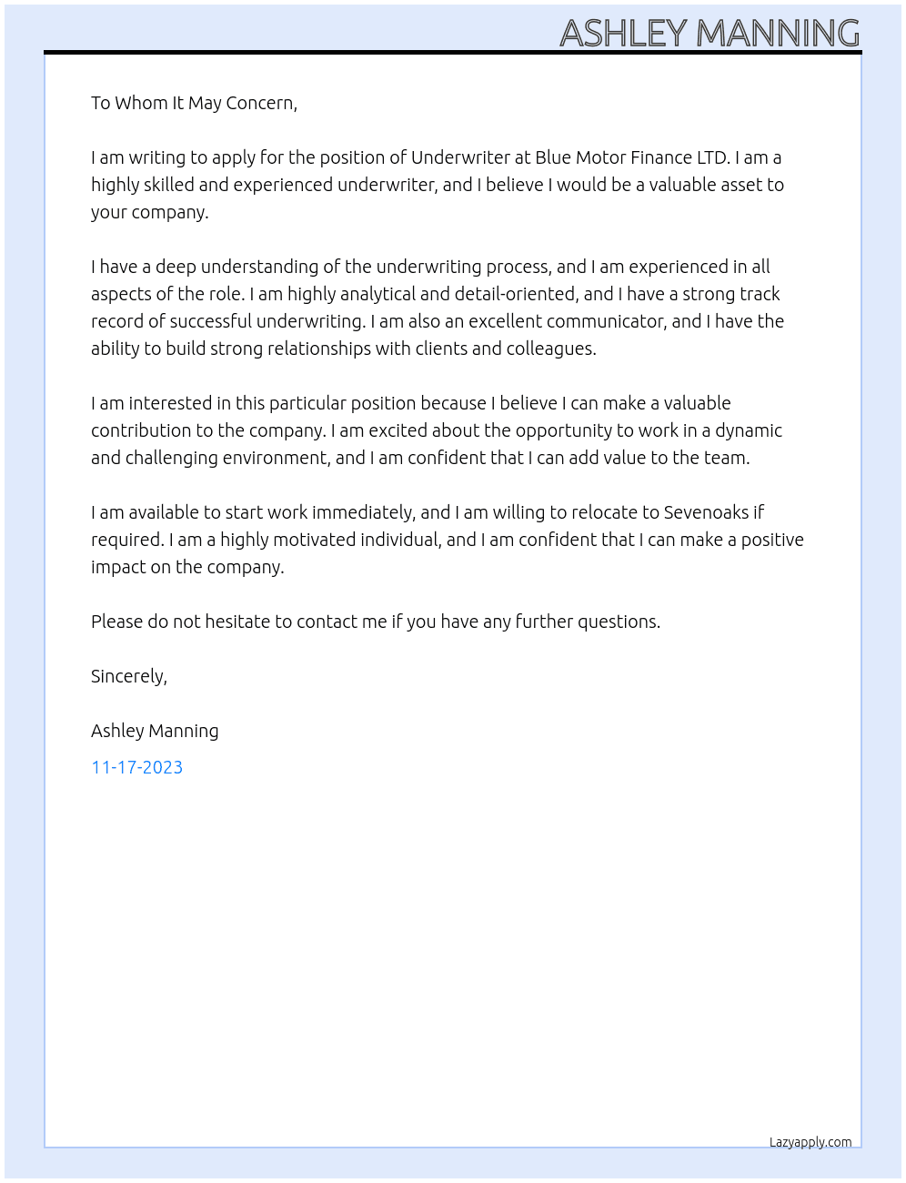 Underwriter  At Blue Motor Finance LTD Cover Letter