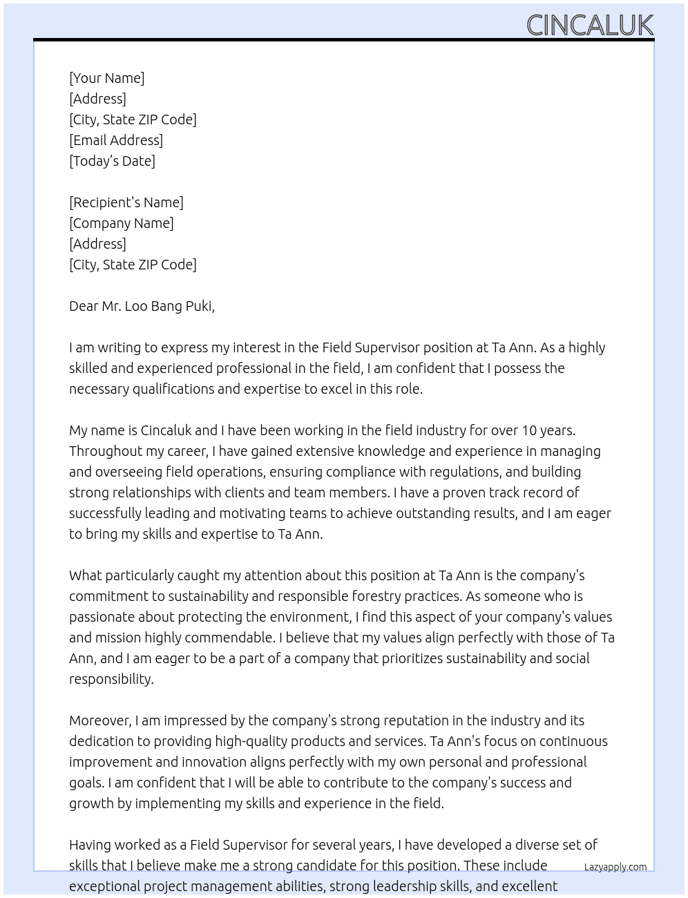 Field supervisor At ta ann Cover Letter