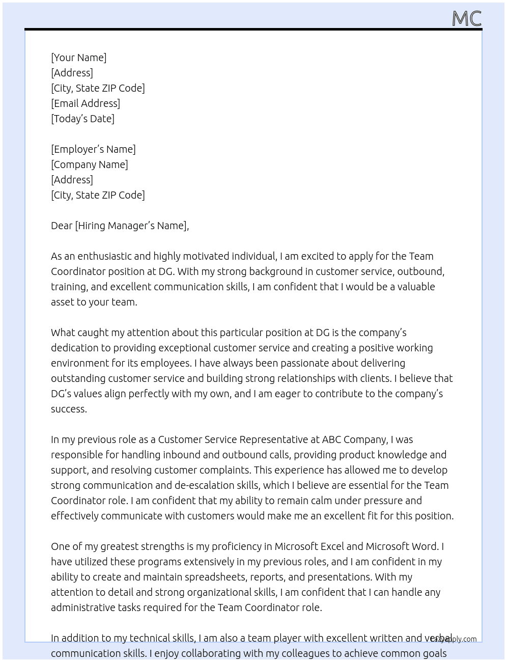 Team coordinator At DG Cover Letter