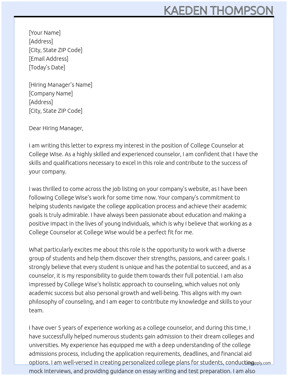 College Counselor At College Wise Cover Letter