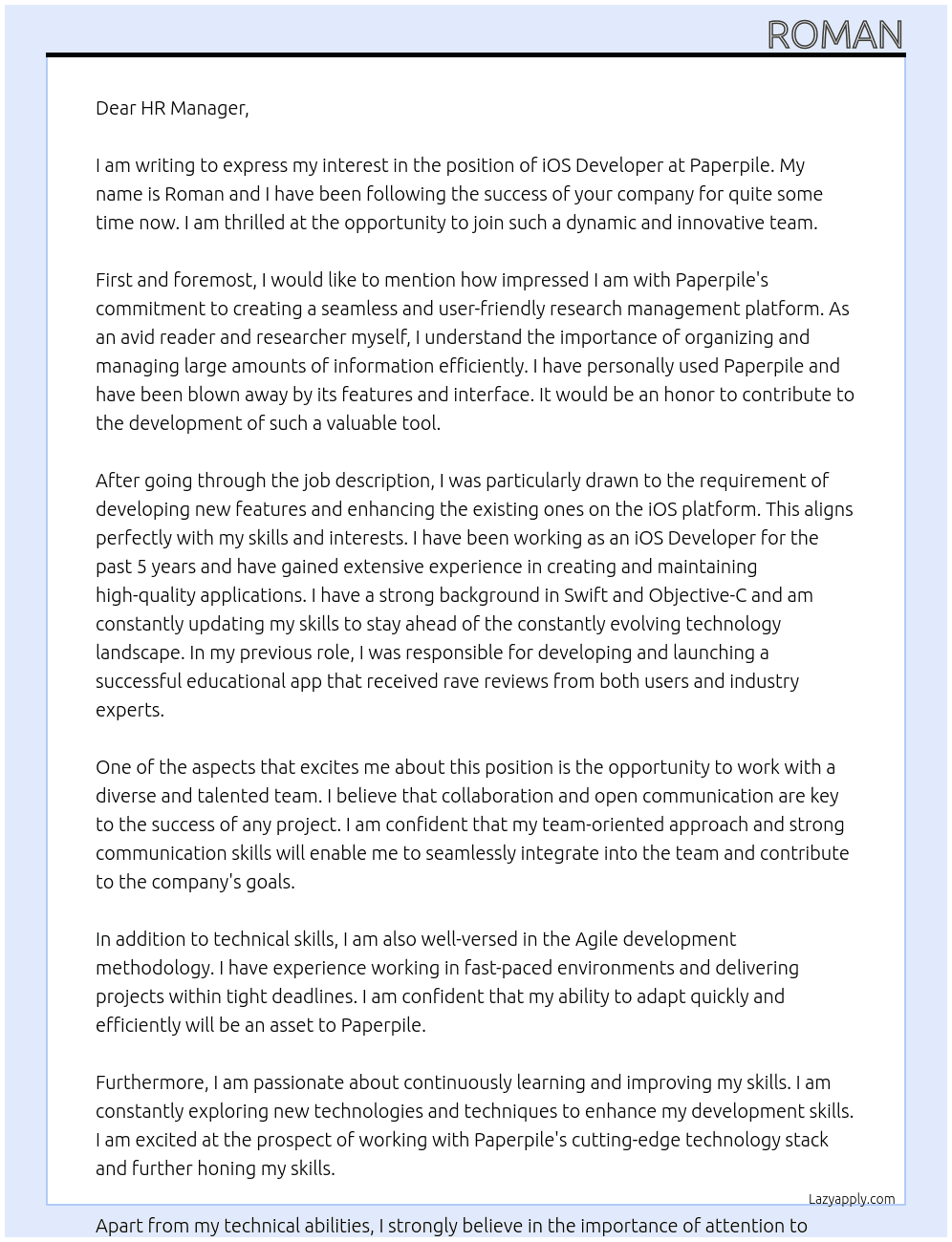 iOS Developer At Paperpile Cover Letter