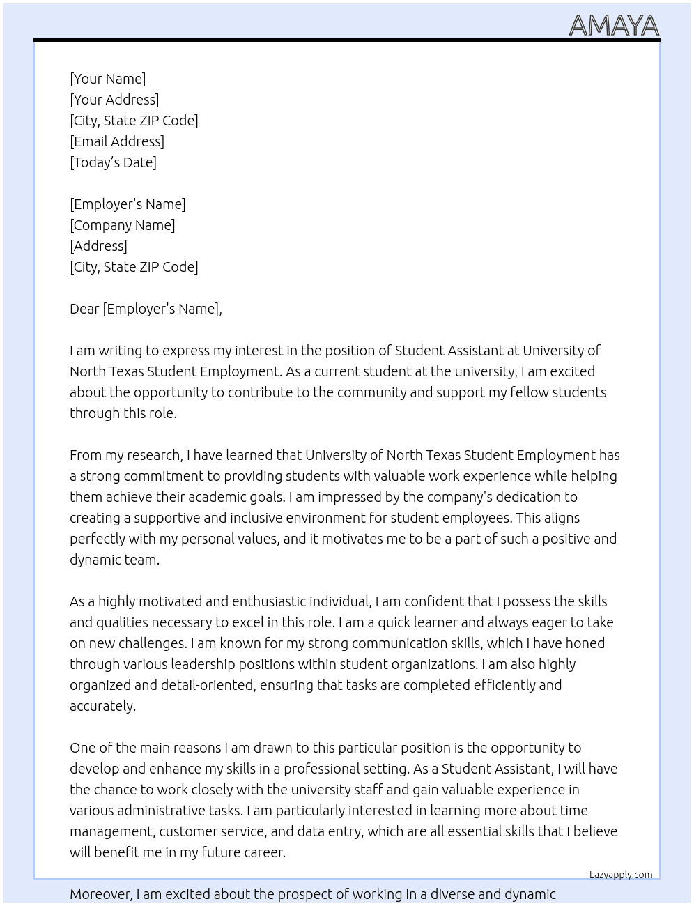 Student Assistant  At University of North Texas Student Employment Cover Letter