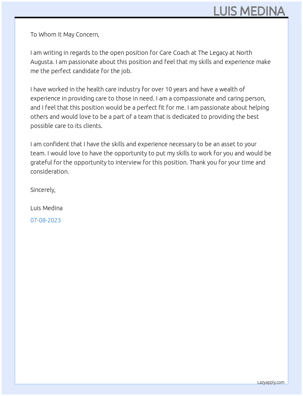 Care Coach  At The legacy at North Augusta  Cover Letter