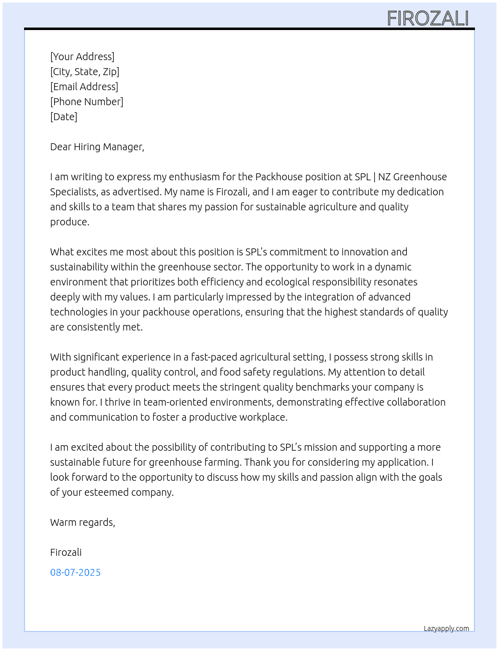 Cover letter for packhous - LazyApply