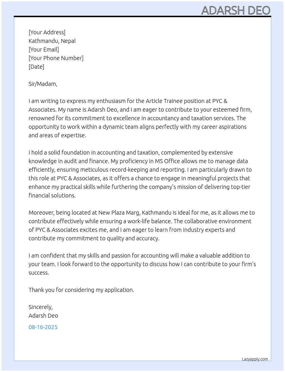 Aricle Trainee At PYC & Associates Cover Letter