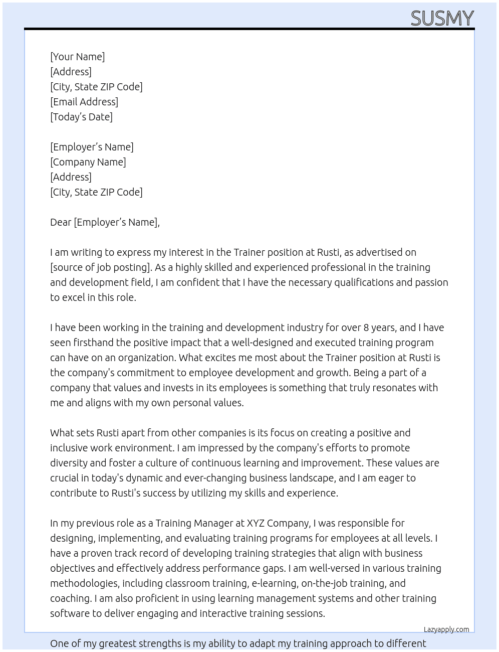 TRAINER At RUSTI Cover Letter