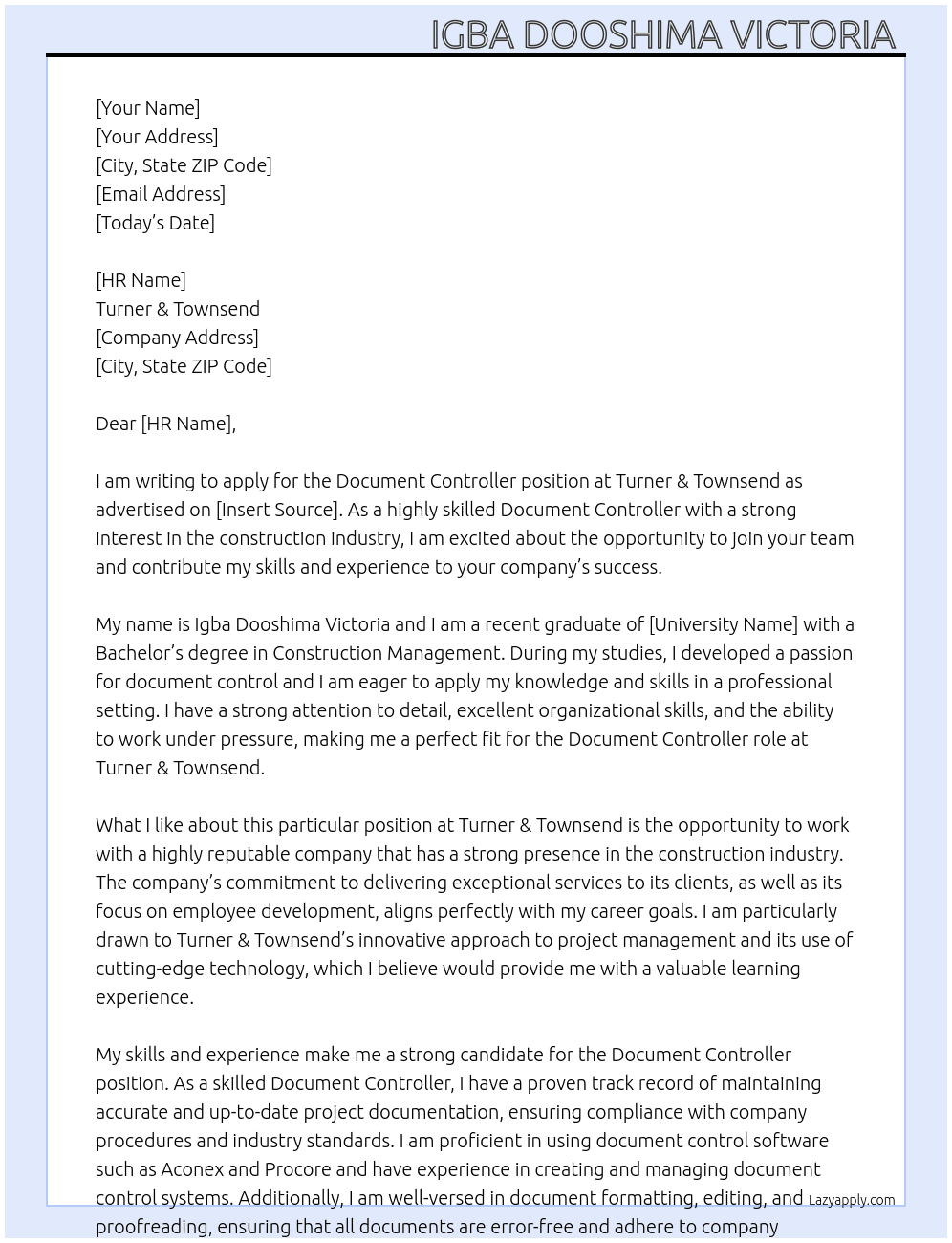 Document controller At Turner & Townsend Cover Letter
