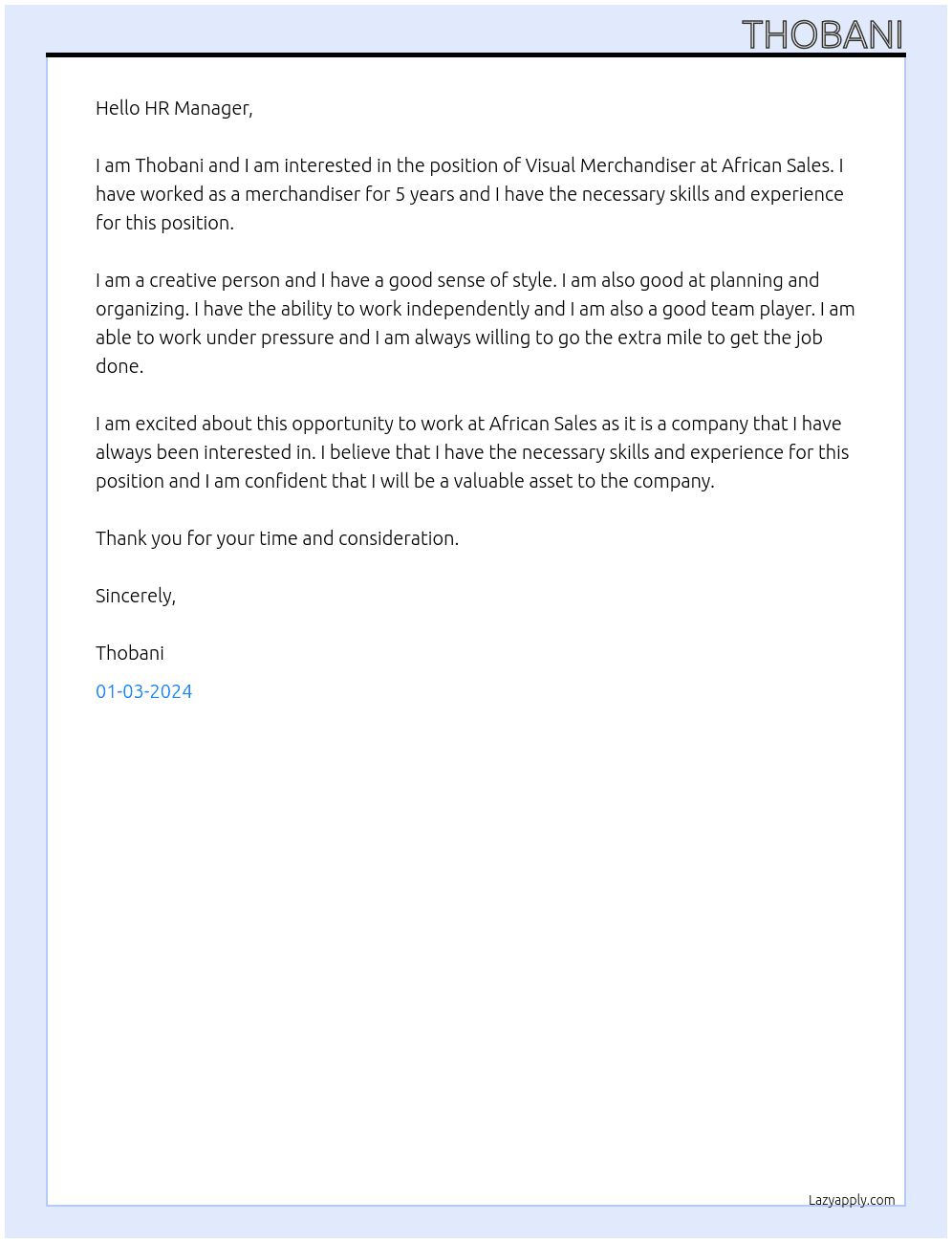 Visual Merchandiser At AFRICAN SALES Cover Letter