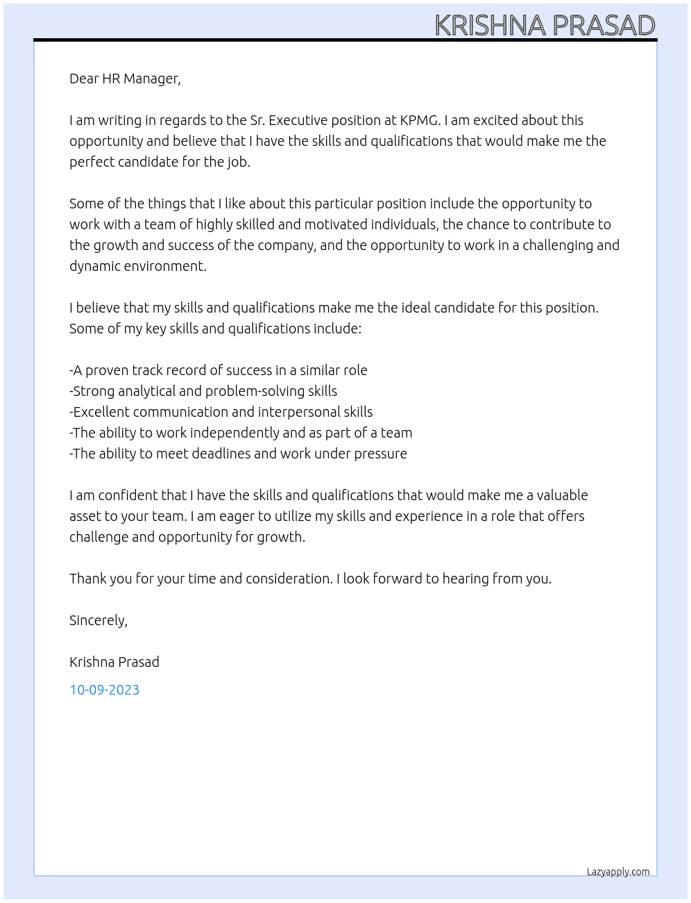 Sr. Executive At KPMG Cover Letter