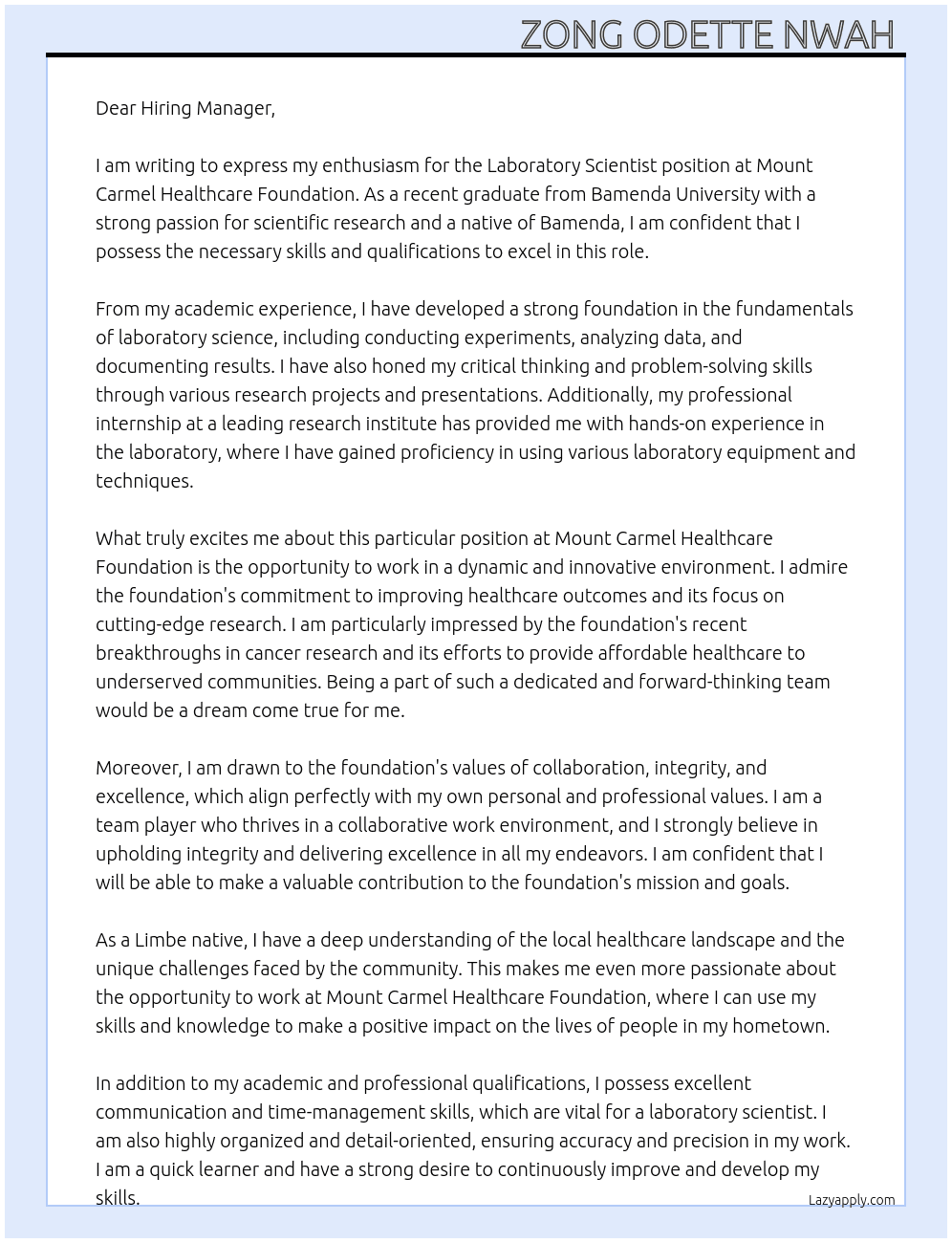 Laboratory scientist At Mount Carmel Healthcare Foundation  Cover Letter