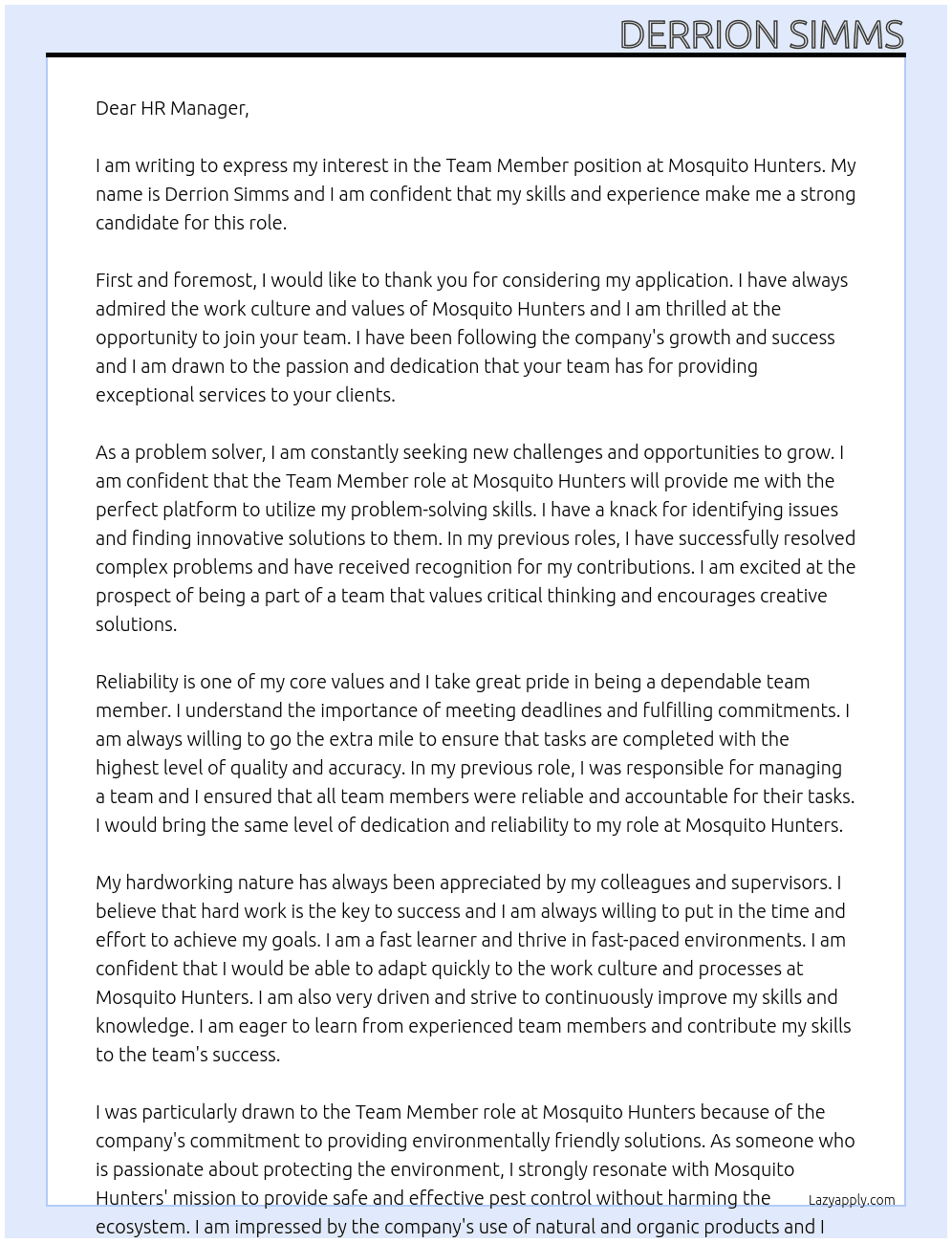 Team member At Mosquito hunters Cover Letter