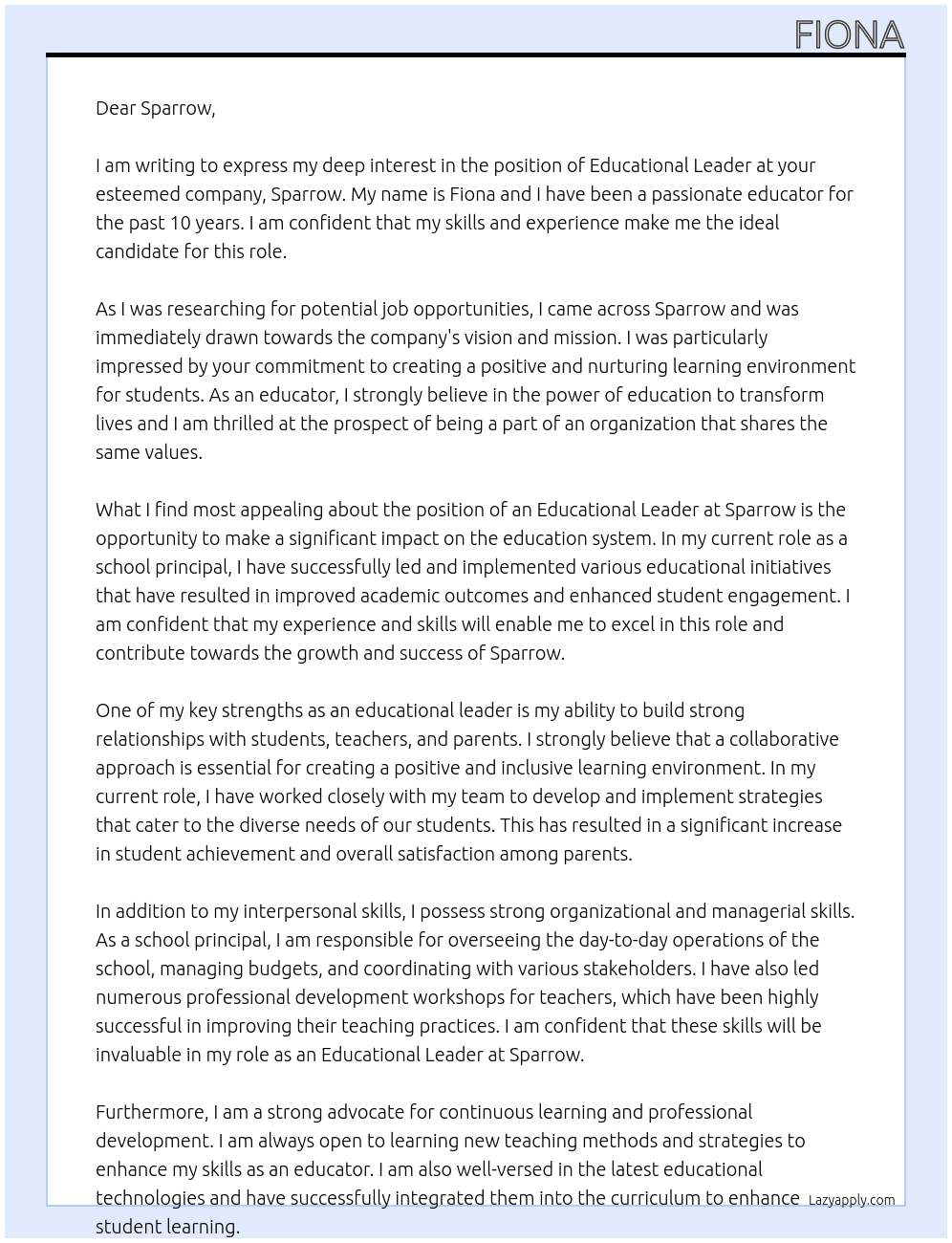 Cover letter for educational leader - LazyApply