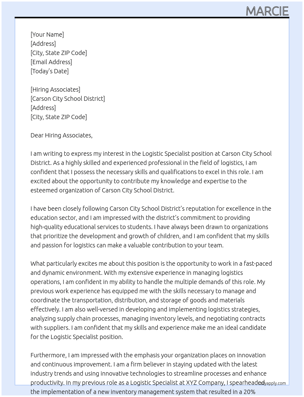 logistic specialist At Carson City School District Cover Letter
