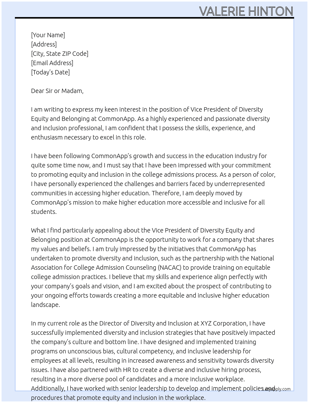 Vice President of Diversity Equity and Belonging  At CommonApp Cover Letter